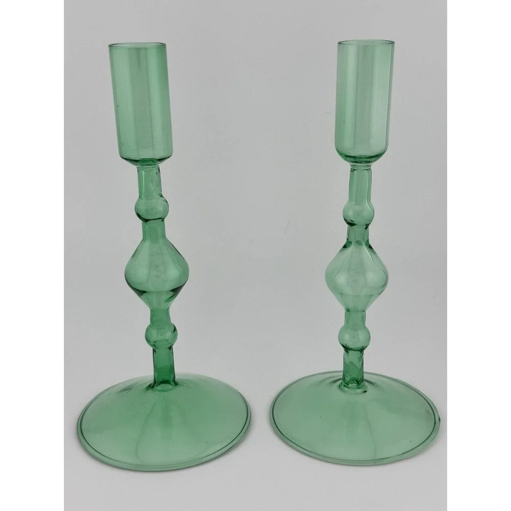 POKETO Green Handmade Glass Taper Candlestick Holder Set Of 2 NOS Open Box‎